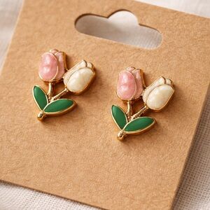 Dainty Enamel Tulip Flower Stud Earrings Pink White Floral Gold Tone Cute